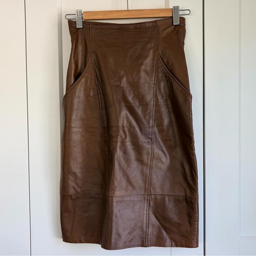Lillie Rubin High Rise Chocolate Brown Leather Pencil Skirt | 4